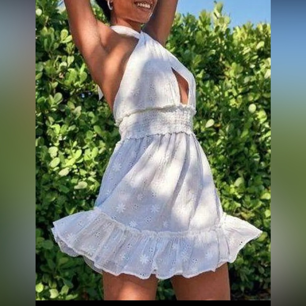 Aerie Spring Fling Crossover Halter Dress White Eyelet size XL